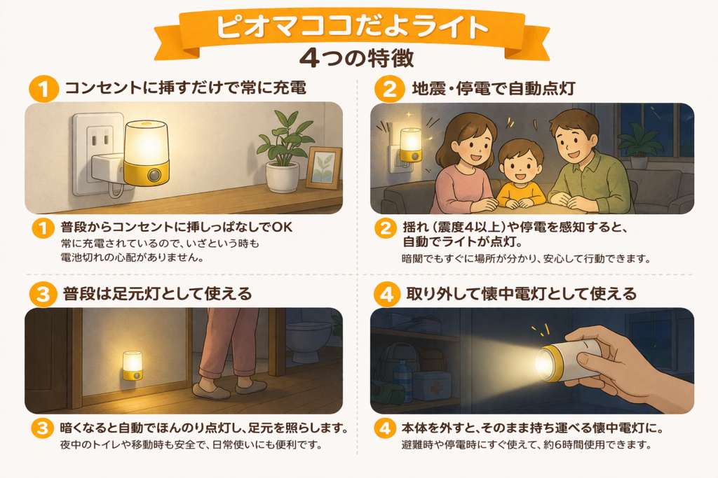 ピオマ ここだよライト（P-O-X7）停電・地震で自動点灯するコンセント型LEDライト