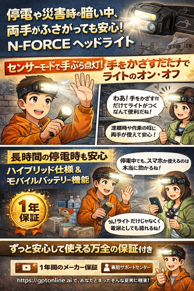 N-FORCEヘッドライト 両手が自由に使えるセンサーモード付き防災用ヘッドライト