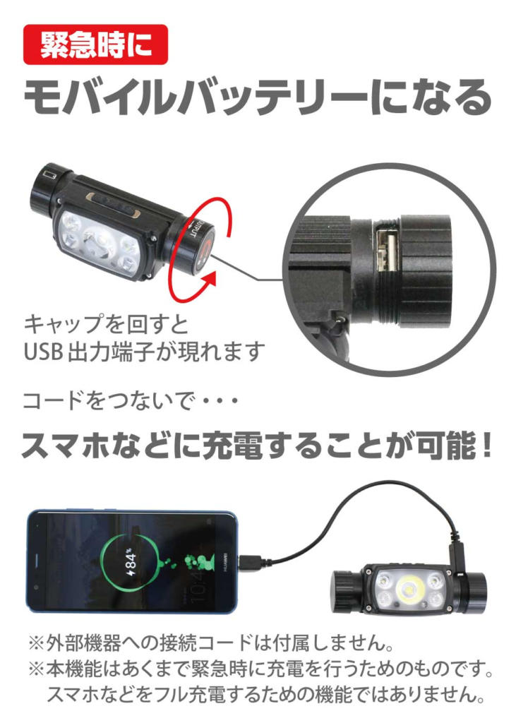 N-FORCEヘッドライト スマホも充電できるモバイルバッテリー機能搭載の防災ライト