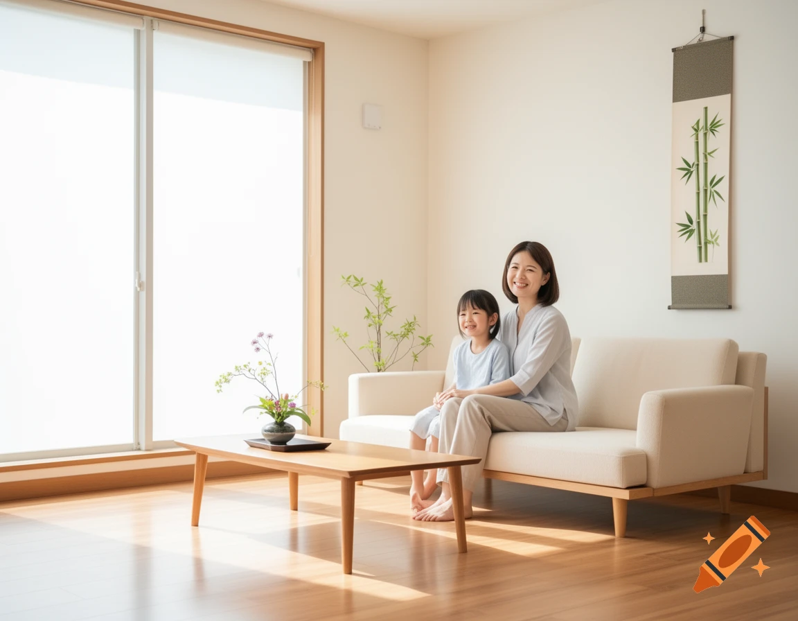 清潔な部屋でくつろぐ母親と子ども