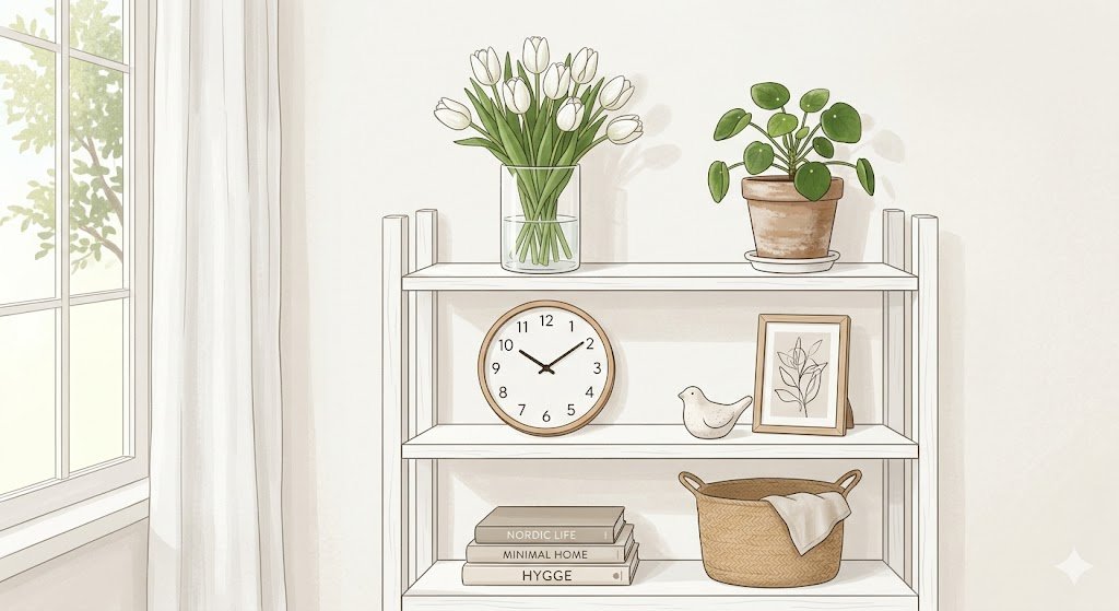北欧インテリア雑貨 - フラワーベース、掛け時計、観葉植物のイラスト