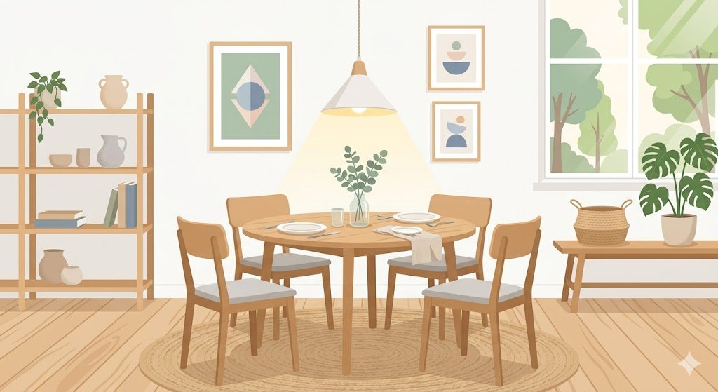 北欧風ダイニング - ペンダントライトと木製テーブルのイラスト