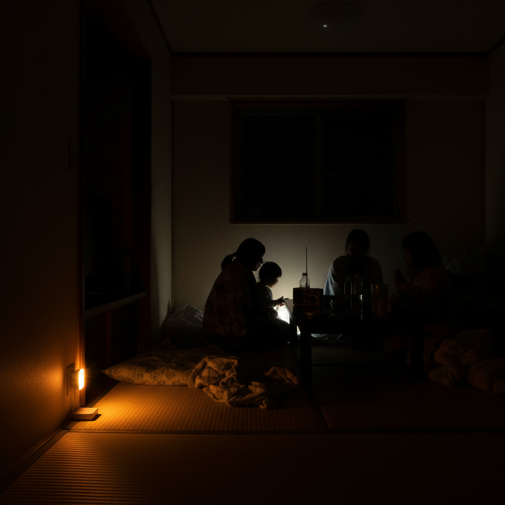 停電で暗くなった部屋を温かく照らすLEDライト。在宅避難のイメージ