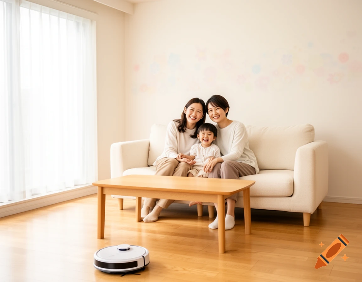 清潔なリビングでくつろぐ日本人家族