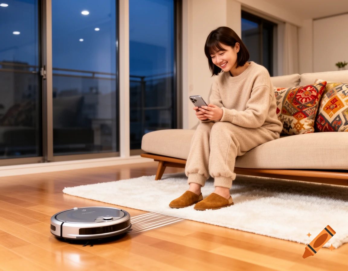 スマホでロボット掃除機を操作する女性