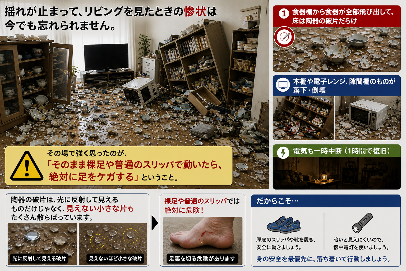 大阪北部地震で揺れが止まったあとのリビングの惨状｜食器棚から食器が飛び出して床一面に陶器の破片・本棚や電子レンジが落下・電気も一時中断・裸足や普通のスリッパで動いたら足をケガする危険
