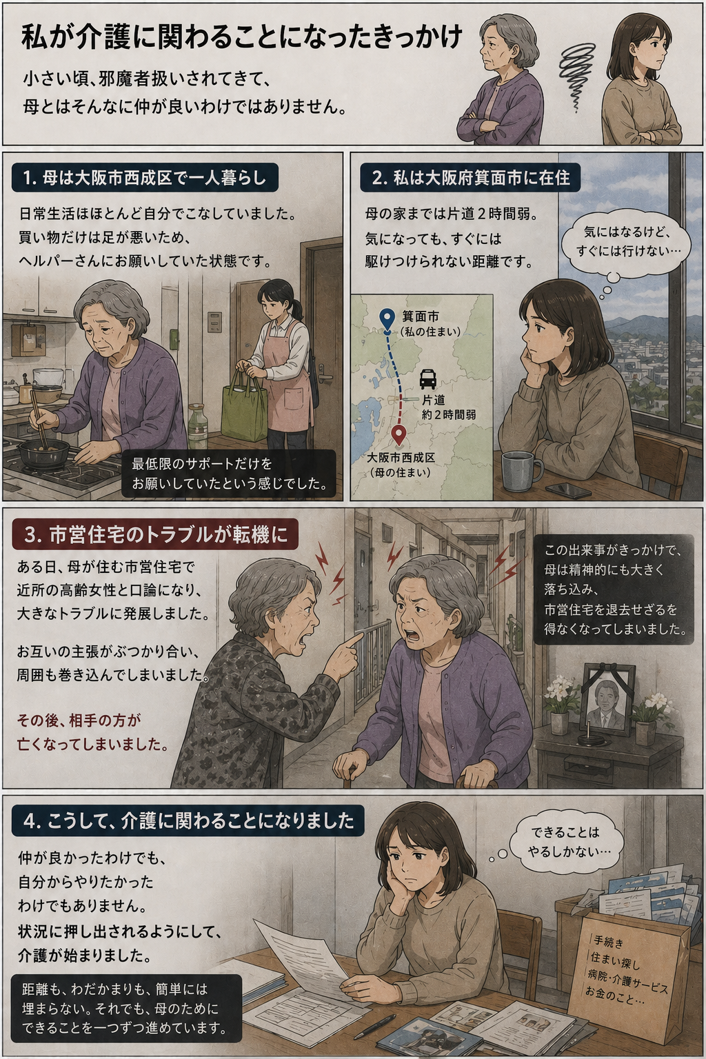 大阪市西成区の母と大阪府箕面市の私、片道2時間弱の遠距離介護|毒親の介護が始まったきっかけ4コマ図解