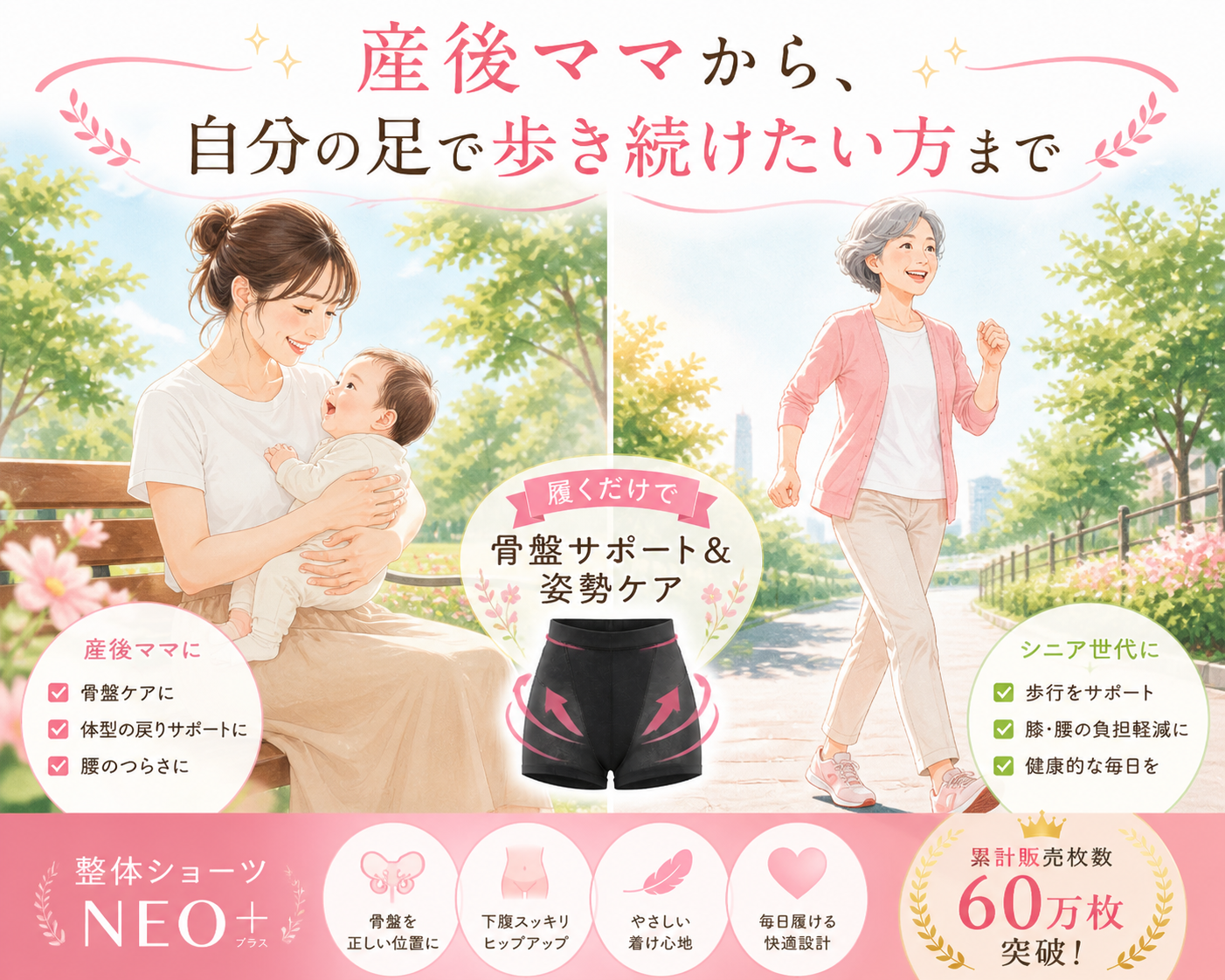 整体ショーツNEOプラス｜はくだけで腰のつらさをやさしくサポート・骨盤を支えて腰がラクに・整体師監修の骨盤サポートショーツ・累計販売枚数60万枚突破・多くの女性に選ばれています・骨盤を支えて腰をサポート・姿勢を整えて負担を軽減・やさしい着心地で24時間快適・朝、腰がスッキリ・腰痛が気になる方に・姿勢を改善したい方に・産後の骨盤ケアにも・毎日続けられる新感覚インナー