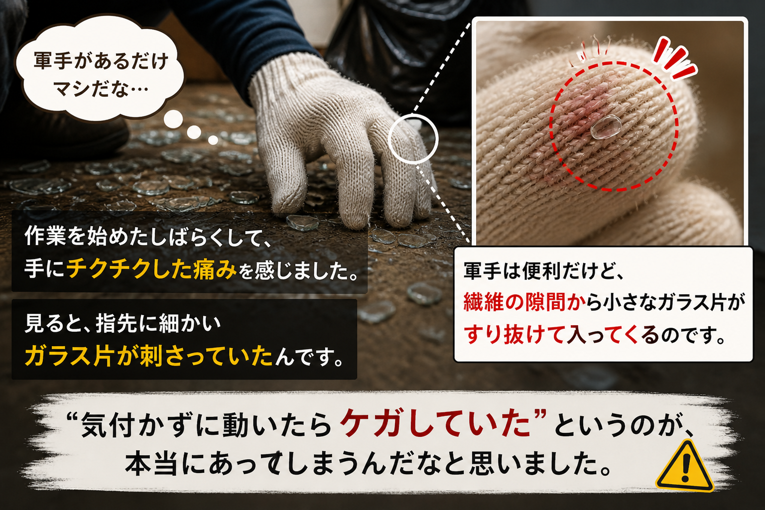 大阪北部地震の片付け中、軍手で作業したら指先に細かいガラス片が刺さった体験｜軍手は便利だが繊維の隙間からガラス片がすり抜けて入ってくるため耐切創手袋が必要