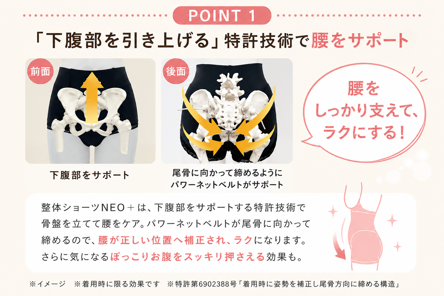 整体ショーツNEOプラス POINT 1｜「下腹部を引き上げる」特許技術で腰をサポート・前面で下腹部をサポート・後面で尾骨に向かうパワーネットベルト・骨盤を立てる・ぽっこりお腹スッキリ・特許第6902388号「着用時に姿勢を補正し尾骨方向に締める構造」