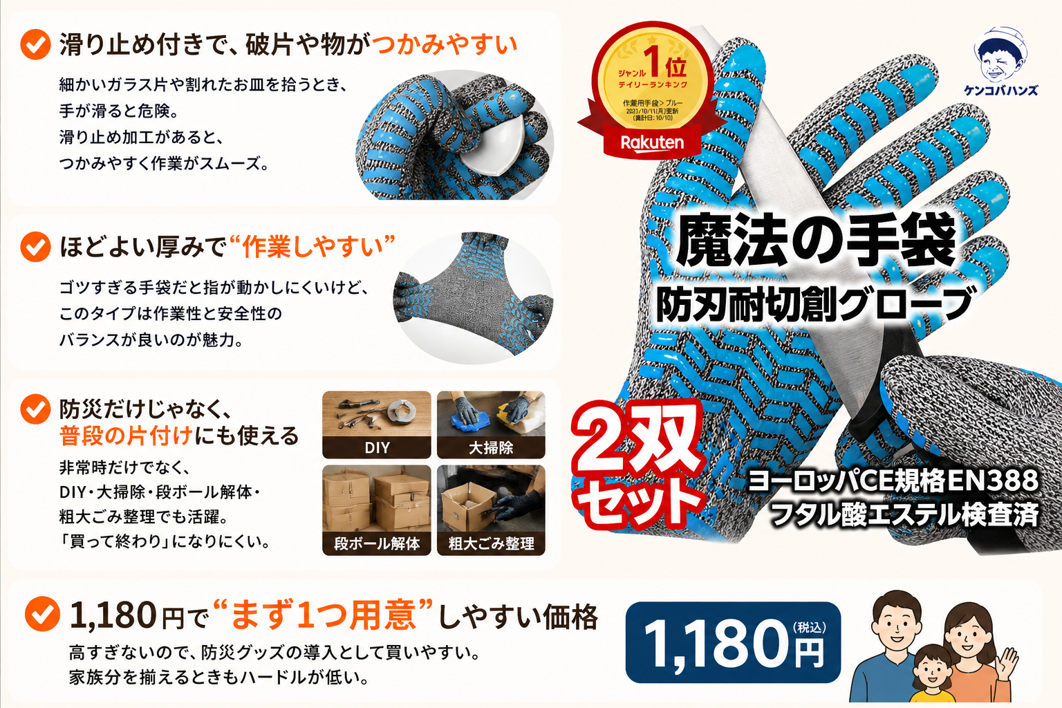 耐切創手袋「魔法の手袋」｜防刃耐切創グローブ・2双セット・楽天1位・ヨーロッパCE規格EN388・滑り止め付き・1180円税込