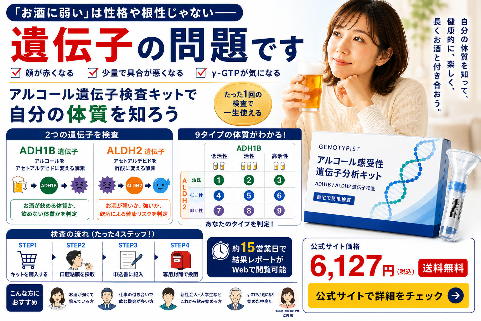 【自宅で6,127円】GENOTYPISTアルコール感受性遺伝子検査キット完全ガイド｜ADH1B遺伝子・ALDH2遺伝子の2つを検査して9タイプの体質を判定｜お酒に弱い・顔が赤くなる・少量で具合が悪くなる・γ-GTPが気になる方におすすめ｜たった1回の検査で一生使える｜検査の流れ4ステップで約15営業日でWebレポート閲覧可能