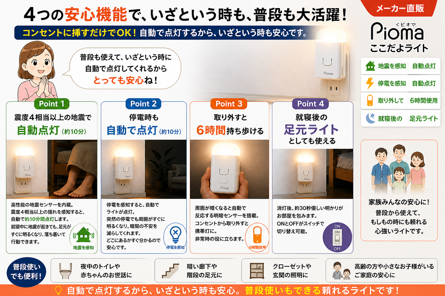 ピオマ ここだよライト｜震度4以上で自動点灯（10分）・停電時自動点灯・取り外して6時間携帯灯・就寝後の足元ライトの4つの安心機能・夜中のトイレや赤ちゃんのお世話・暗い廊下や階段の足元・玄関照明にも・メーカー直販