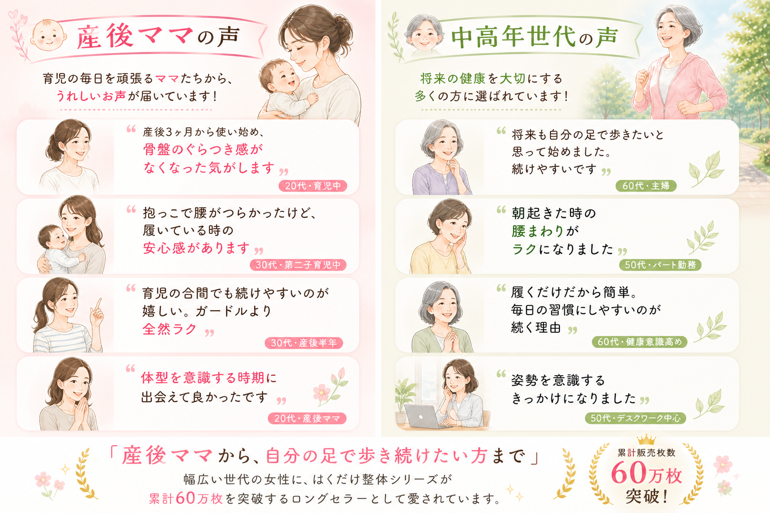 整体ショーツNEOプラスの口コミ・評判｜【産後ママの声】産後3ヶ月から使い始め骨盤のぐらつき感がなくなった気がします（20代育児中）・抱っこで腰がつらかったけど履いている時の安心感があります（30代第二子育児中）・育児の合間でも続けやすいのが嬉しい全然ラク（30代産後半年）・体型を意識する時期に出会えて良かったです（20代産後ママ）。【中高年世代の声】将来も自分の足で歩きたいと思って始めました続けやすいです（60代主婦）・朝起きた時の腰まわりがラクになりました（50代パート勤務）・履くだけだから簡単毎日の習慣にしやすいのが続く理由（60代健康意識高め）・姿勢を意識するきっかけになりました（50代デスクワーク中心）。産後ママから自分の足で歩き続けたい方まで・はくだけ整体シリーズ累計60万枚突破。