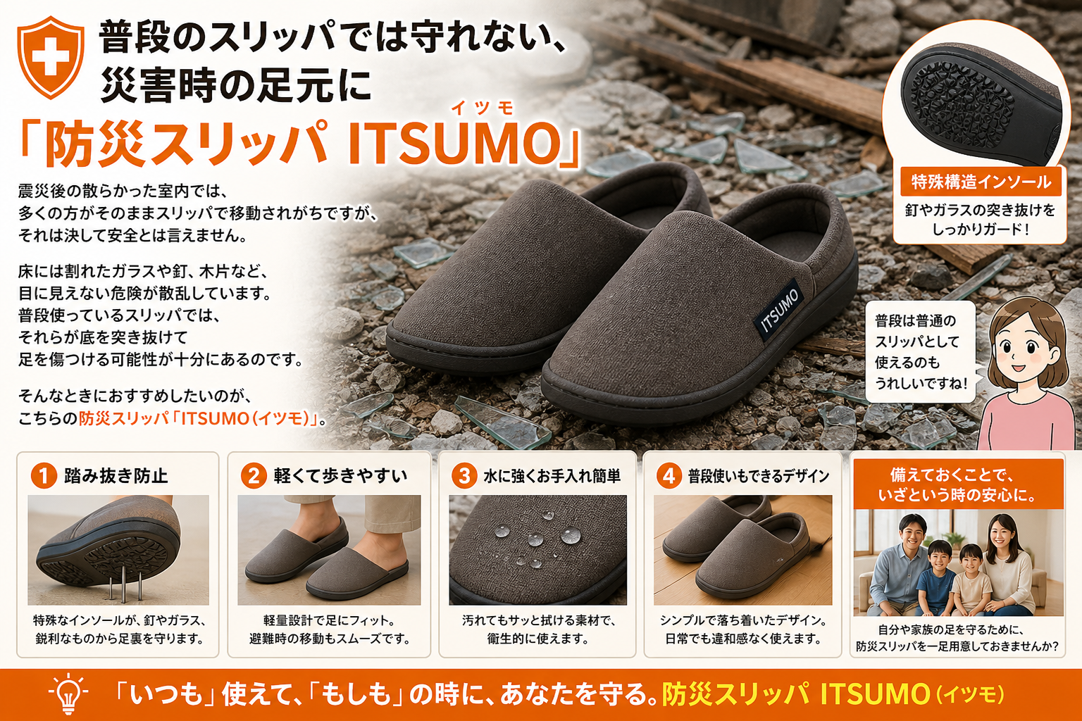 防災スリッパ ITSUMO（イツモ）｜踏み抜き防止・特殊構造インソールで釘やガラスから足裏を守る・軽くて歩きやすい・水に強くお手入れ簡単・普段使いもできるシンプルデザイン・家族の足を守る防災グッズ