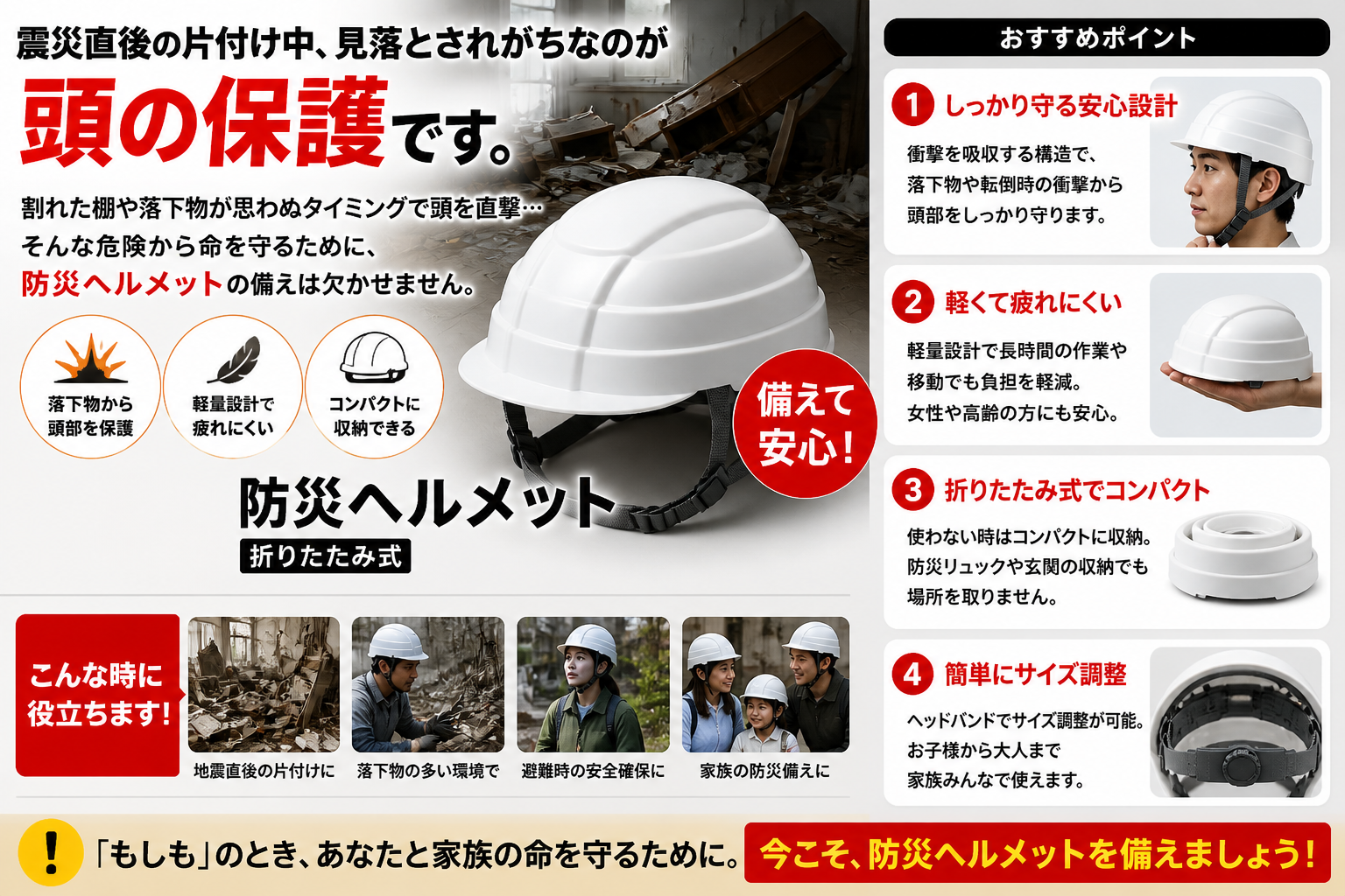 防災ヘルメット 折りたたみ式｜震災直後の片付けで頭の保護に・落下物から頭部をしっかりガード・軽くて疲れにくい・コンパクト収納・サイズ調整可能・家族全員で使える・地震直後の片付けや避難時の安全確保に