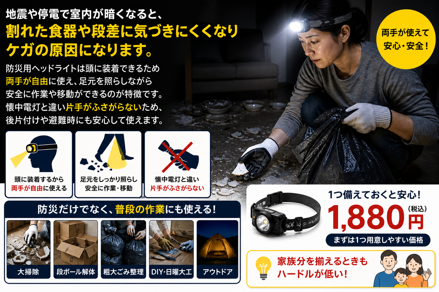 防災用ヘッドライト｜地震・停電時に両手が自由に使える・1880円・大掃除や段ボール解体・粗大ごみ整理・DIY・アウトドアにも活用可能