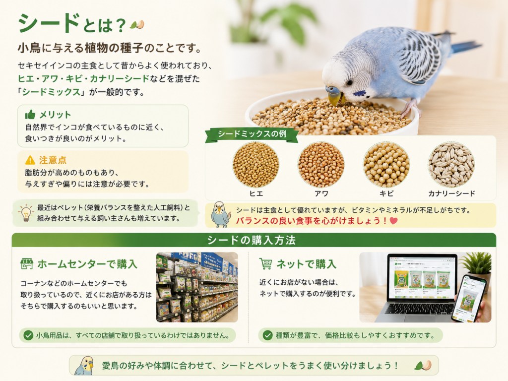 セキセイインコの主食シードとは?ヒエ・アワ・キビ・カナリーシードのシードミックスと購入方法を解説したインフォグラフィック